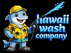 Hawaii Wash Company logo: a smiling dolphin mascot in a yellow Hawaiian shirt holding a pressure washer