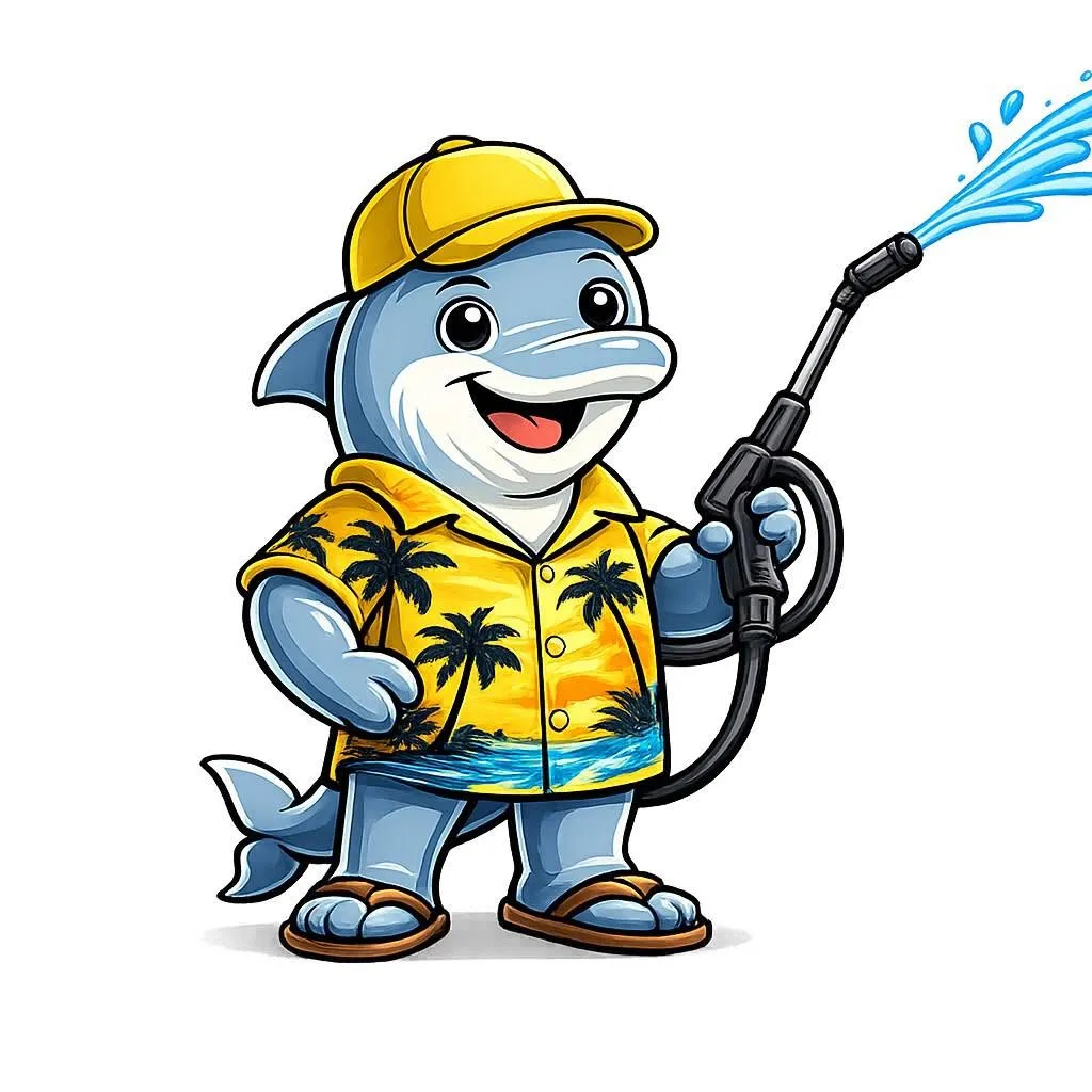 Hawaii Wash Company mascot, a smiling dolphin in a yellow cap and Hawaiian shirt, spraying water with a pressure washer